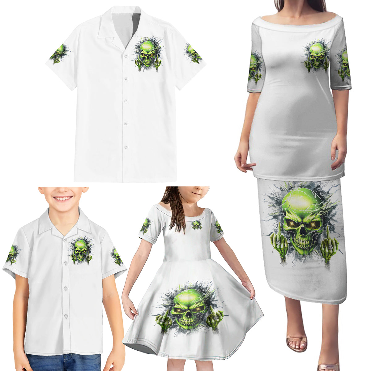 Thunder Skull Family Matching Puletasi and Hawaiian Shirt The Demon Hide Under Your Bed Mine Hide Inside My Head - Wonder Print Shop