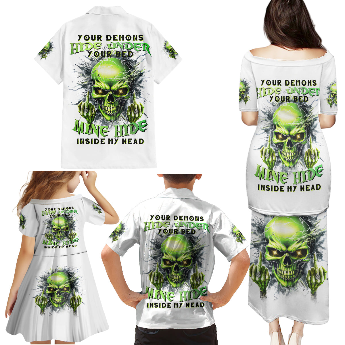Thunder Skull Family Matching Puletasi and Hawaiian Shirt The Demon Hide Under Your Bed Mine Hide Inside My Head - Wonder Print Shop