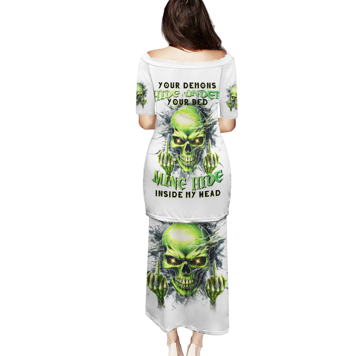 Thunder Skull Family Matching Puletasi and Hawaiian Shirt The Demon Hide Under Your Bed Mine Hide Inside My Head - Wonder Print Shop