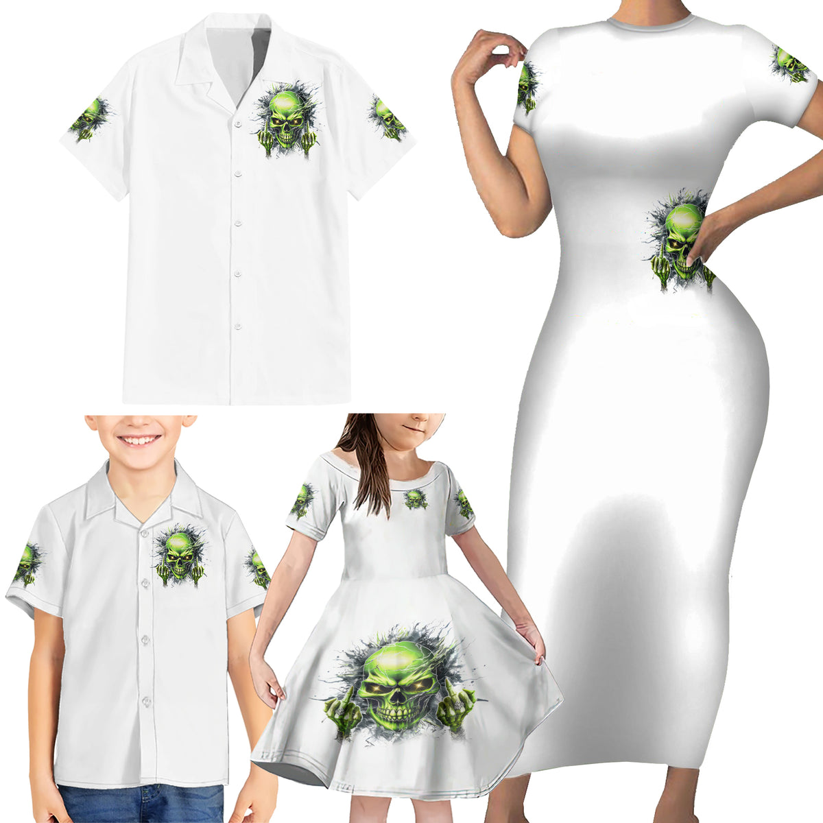Thunder Skull Family Matching Short Sleeve Bodycon Dress and Hawaiian Shirt The Demon Hide Under Your Bed Mine Hide Inside My Head - Wonder Print Shop