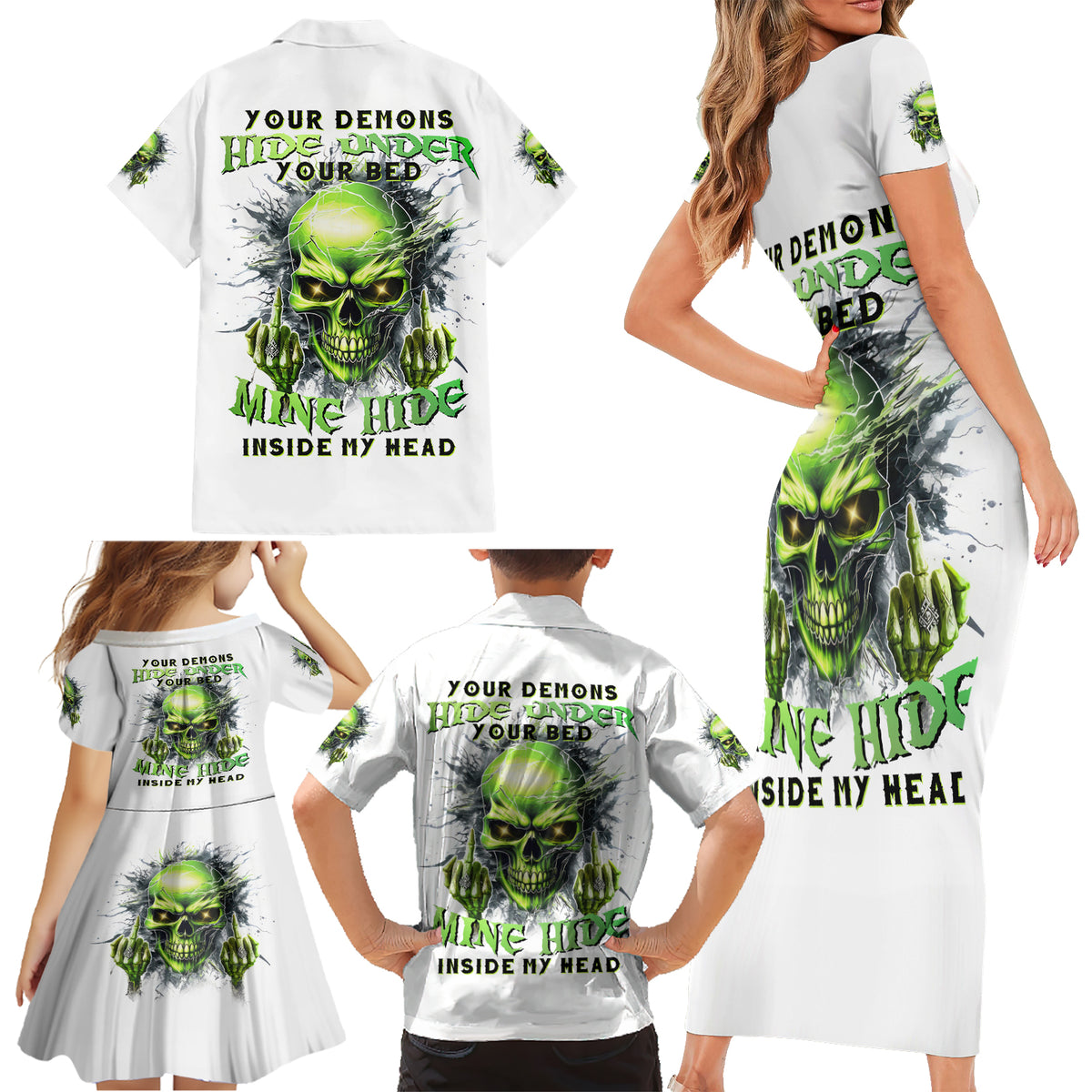 Thunder Skull Family Matching Short Sleeve Bodycon Dress and Hawaiian Shirt The Demon Hide Under Your Bed Mine Hide Inside My Head - Wonder Print Shop
