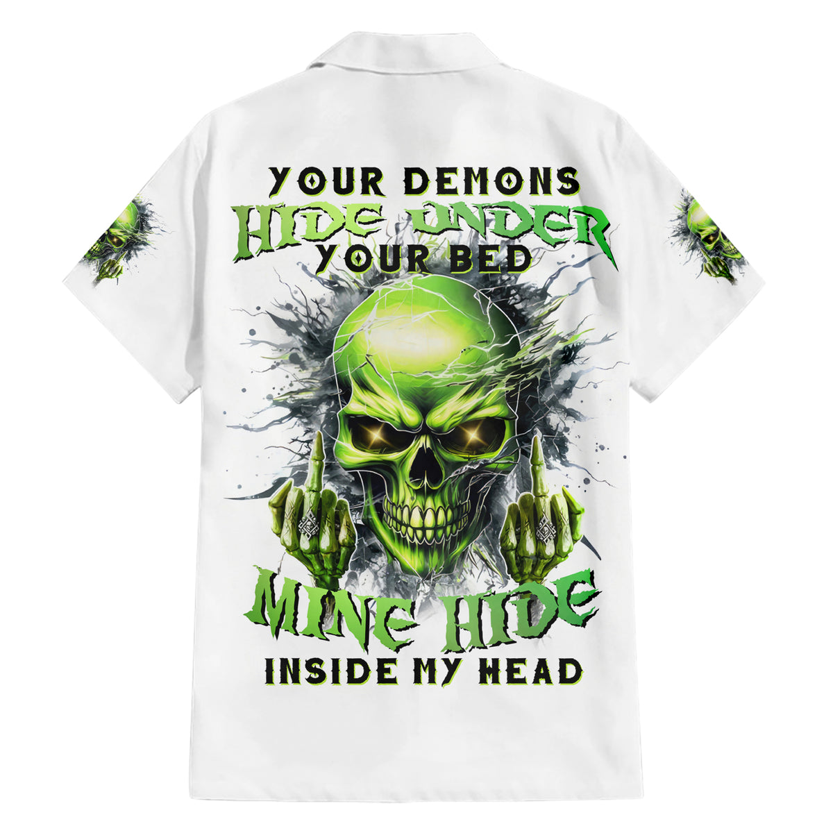 Thunder Skull Family Matching Short Sleeve Bodycon Dress and Hawaiian Shirt The Demon Hide Under Your Bed Mine Hide Inside My Head - Wonder Print Shop