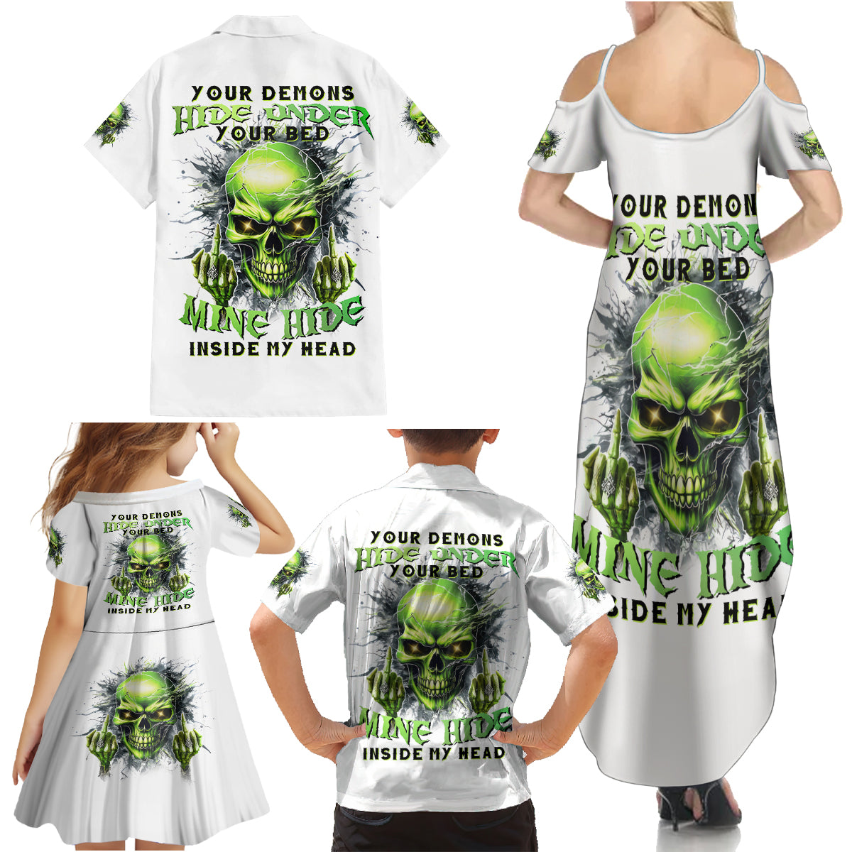 Thunder Skull Family Matching Summer Maxi Dress and Hawaiian Shirt The Demon Hide Under Your Bed Mine Hide Inside My Head - Wonder Print Shop