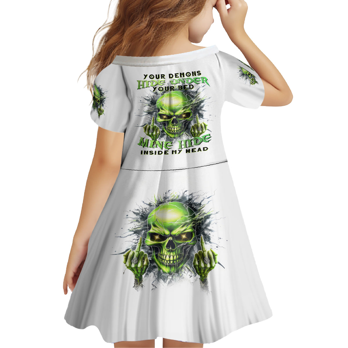 Thunder Skull Kid Short Sleeve Dress The Demon Hide Under Your Bed Mine Hide Inside My Head - Wonder Print Shop