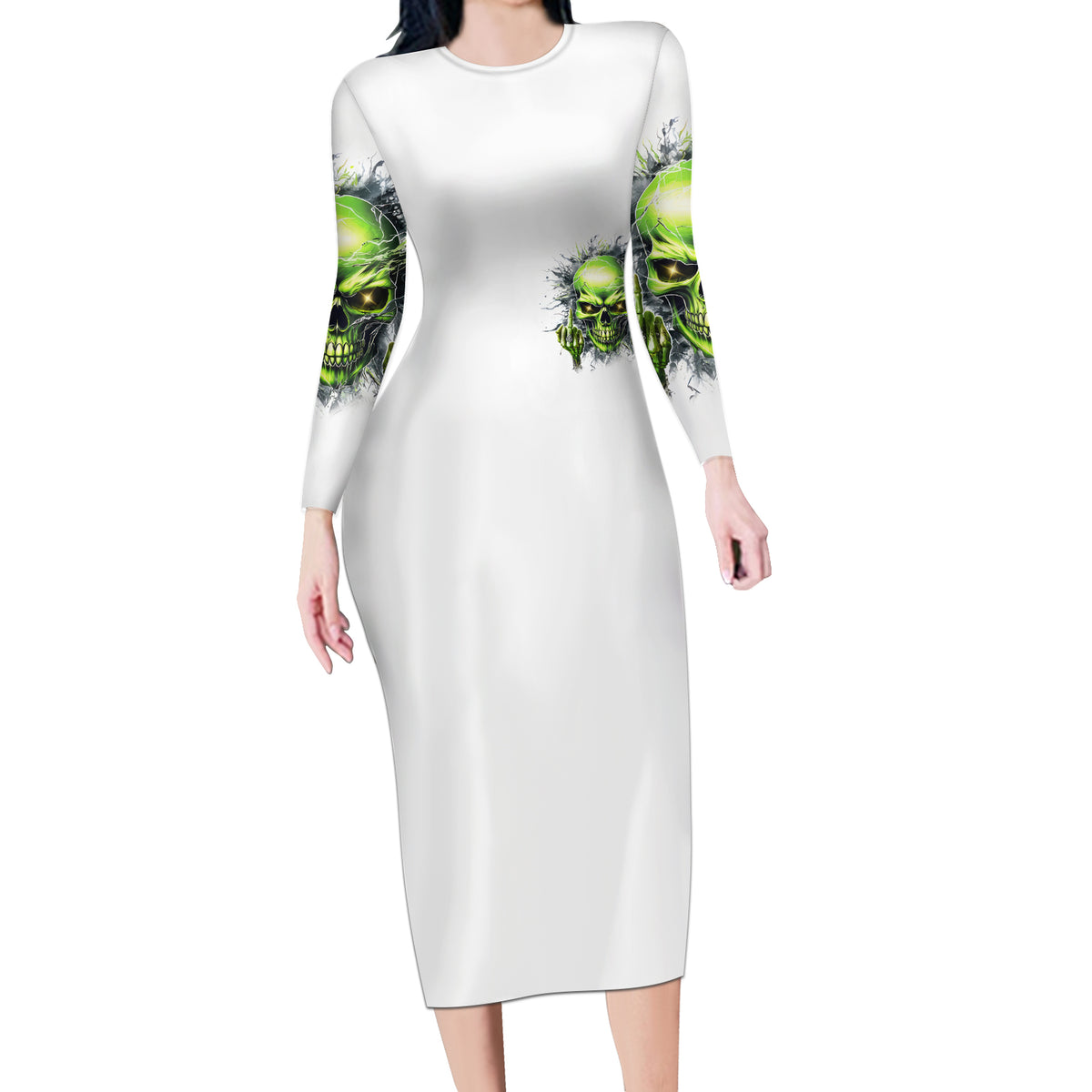 Thunder Skull Long Sleeve Bodycon Dress The Demon Hide Under Your Bed Mine Hide Inside My Head - Wonder Print Shop
