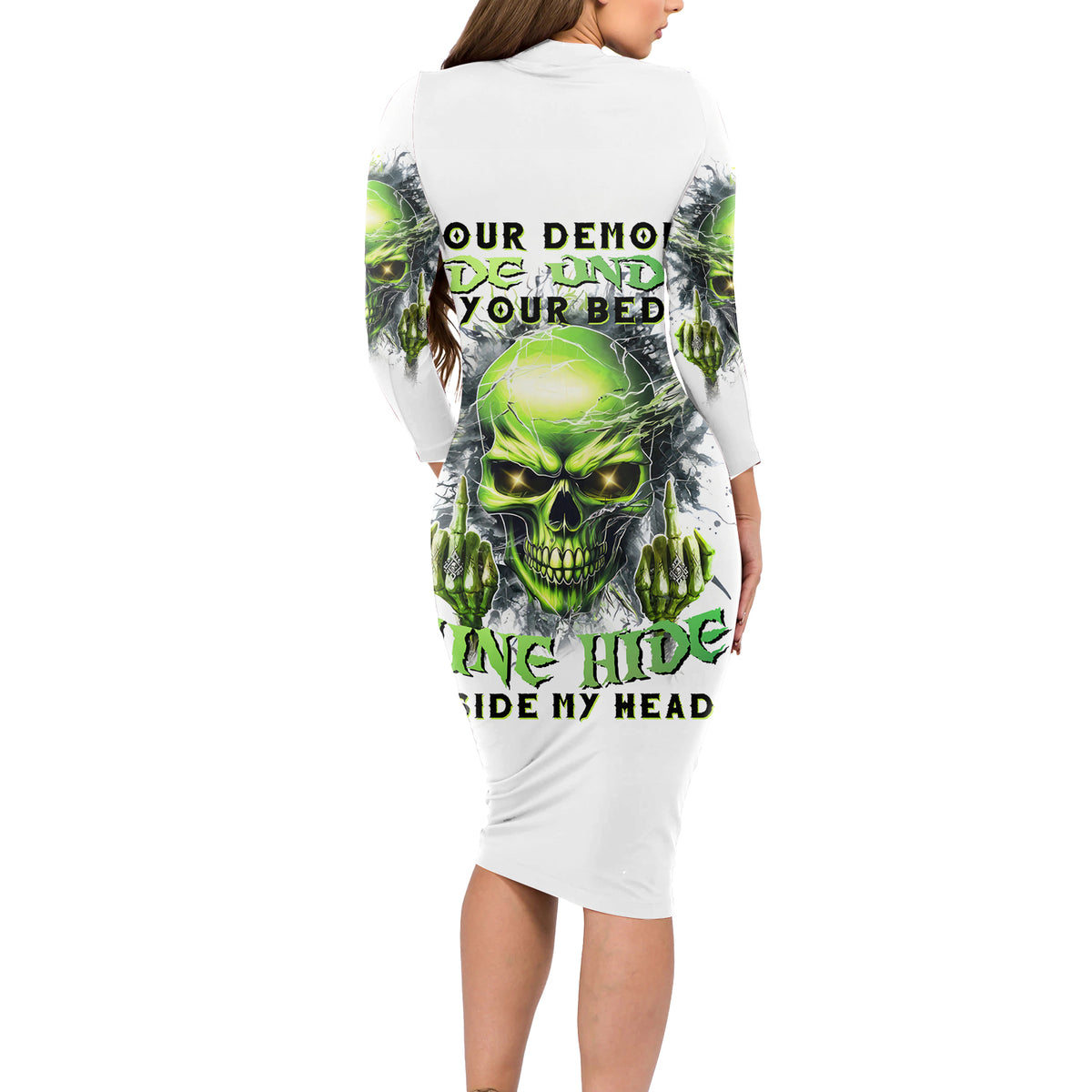 Thunder Skull Long Sleeve Bodycon Dress The Demon Hide Under Your Bed Mine Hide Inside My Head - Wonder Print Shop