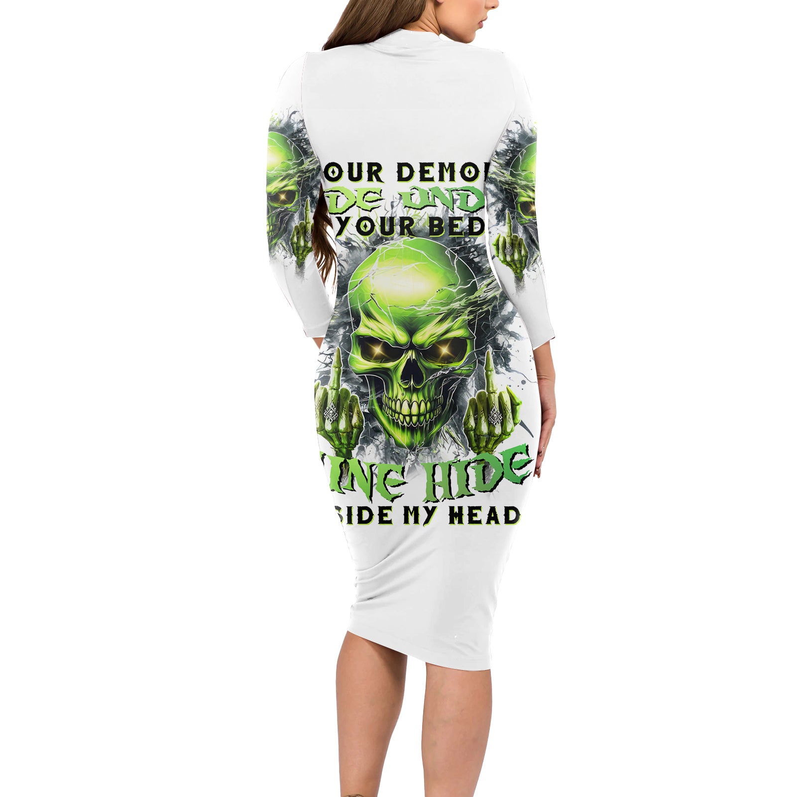Thunder Skull Long Sleeve Bodycon Dress The Demon Hide Under Your Bed Mine Hide Inside My Head - Wonder Print Shop