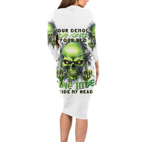 Thunder Skull Long Sleeve Bodycon Dress The Demon Hide Under Your Bed Mine Hide Inside My Head - Wonder Print Shop