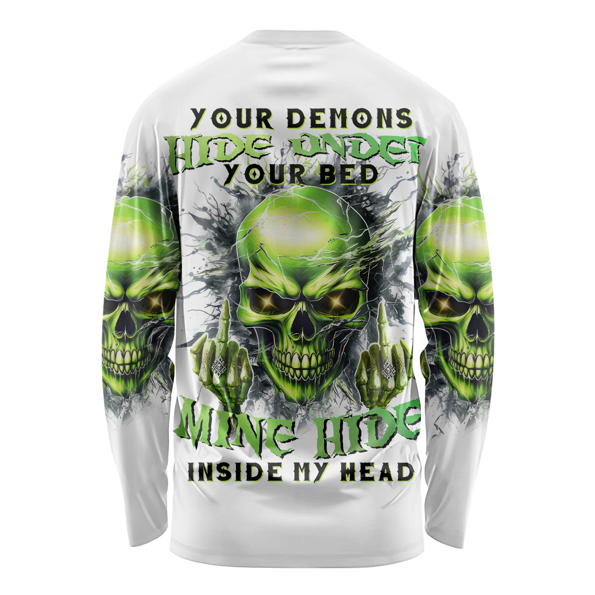 Thunder Skull Long Sleeve Shirt The Demon Hide Under Your Bed Mine Hide Inside My Head - Wonder Print Shop