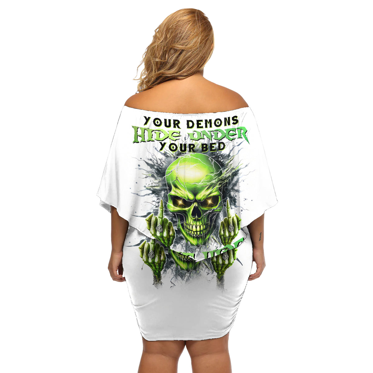 Thunder Skull Off Shoulder Short Dress The Demon Hide Under Your Bed Mine Hide Inside My Head - Wonder Print Shop