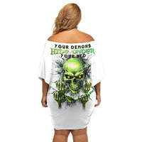 Thunder Skull Off Shoulder Short Dress The Demon Hide Under Your Bed Mine Hide Inside My Head - Wonder Print Shop