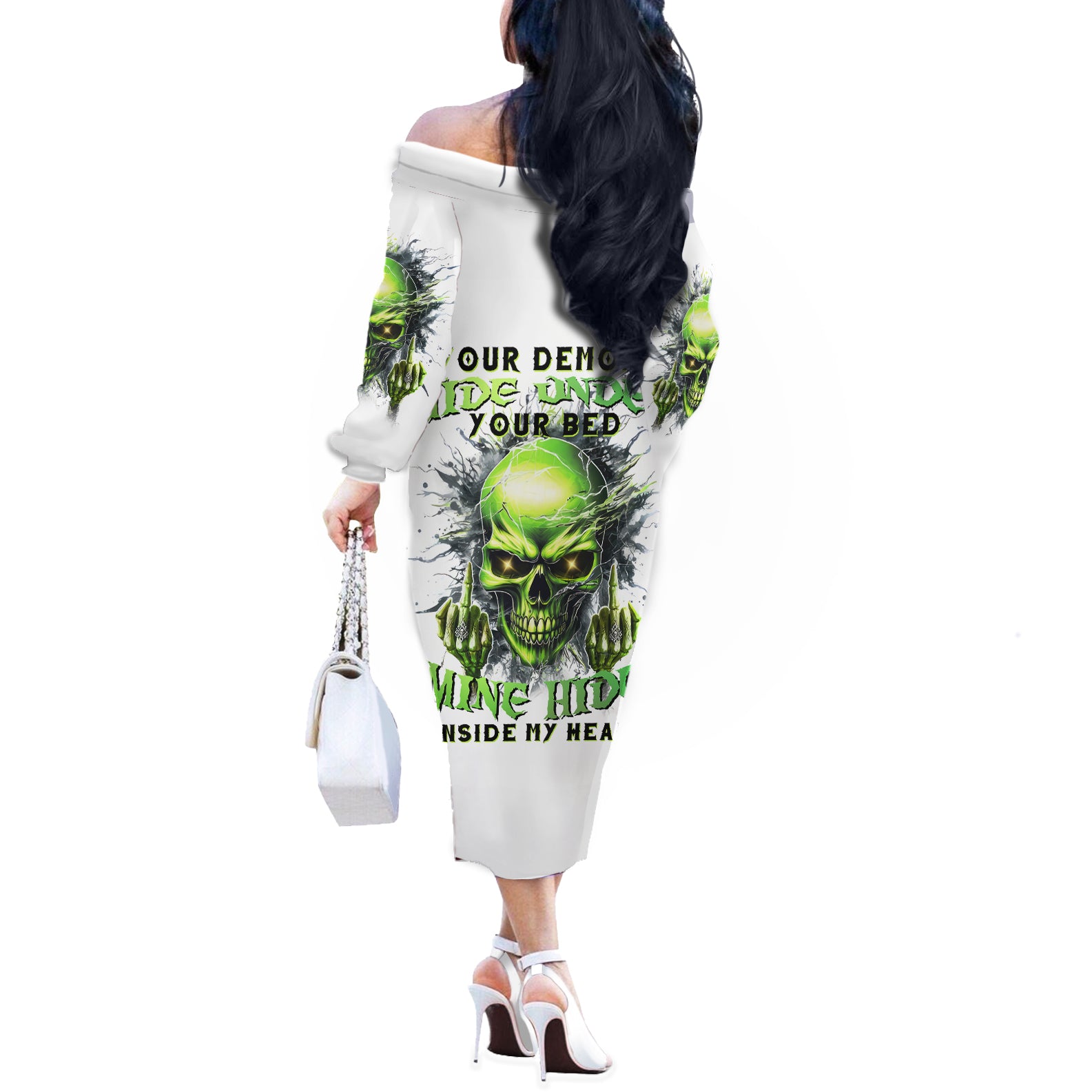 Thunder Skull Off The Shoulder Long Sleeve Dress The Demon Hide Under Your Bed Mine Hide Inside My Head - Wonder Print Shop