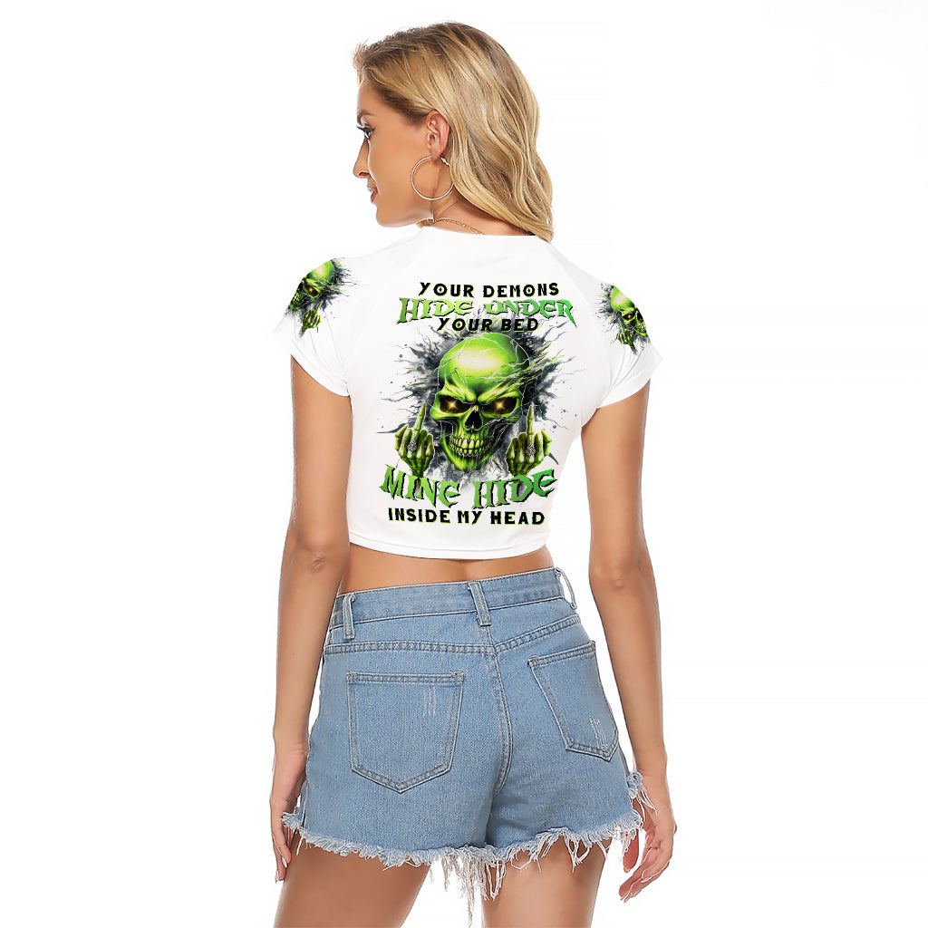 Thunder Skull Raglan Cropped T Shirt The Demon Hide Under Your Bed Mine Hide Inside My Head - Wonder Print Shop