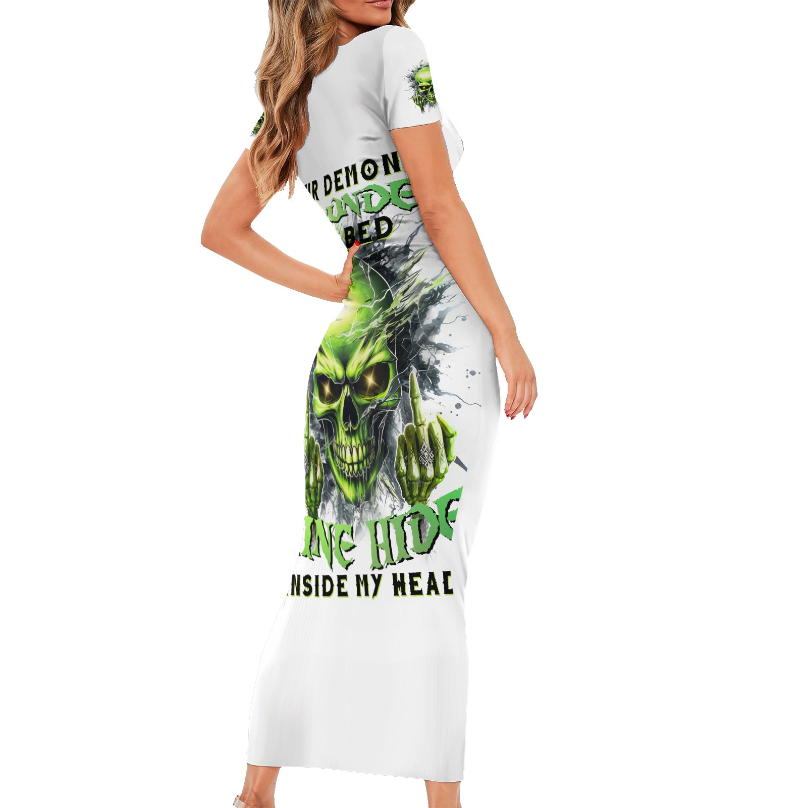 Thunder Skull Short Sleeve Bodycon Dress The Demon Hide Under Your Bed Mine Hide Inside My Head - Wonder Print Shop