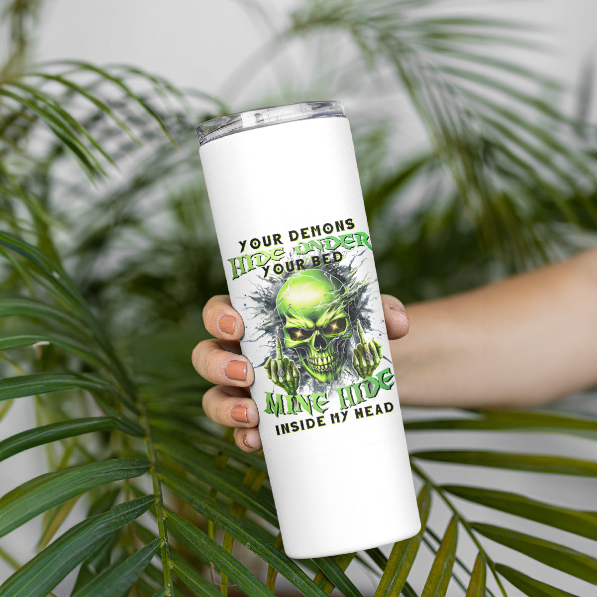 Thunder Skull Skinny Tumbler The Demon Hide Under Your Bed Mine Hide Inside My Head - Wonder Print Shop
