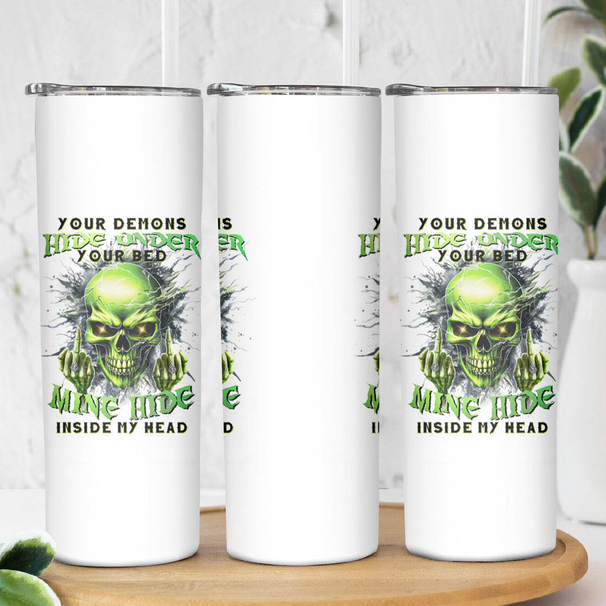 Thunder Skull Skinny Tumbler The Demon Hide Under Your Bed Mine Hide Inside My Head - Wonder Print Shop