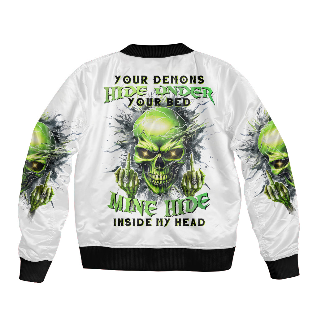 Thunder Skull Sleeve Zip Bomber Jacket The Demon Hide Under Your Bed Mine Hide Inside My Head - Wonder Print Shop