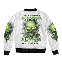Thunder Skull Sleeve Zip Bomber Jacket The Demon Hide Under Your Bed Mine Hide Inside My Head - Wonder Print Shop