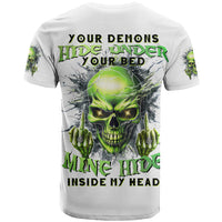 Thunder Skull T Shirt The Demon Hide Under Your Bed Mine Hide Inside My Head - Wonder Print Shop