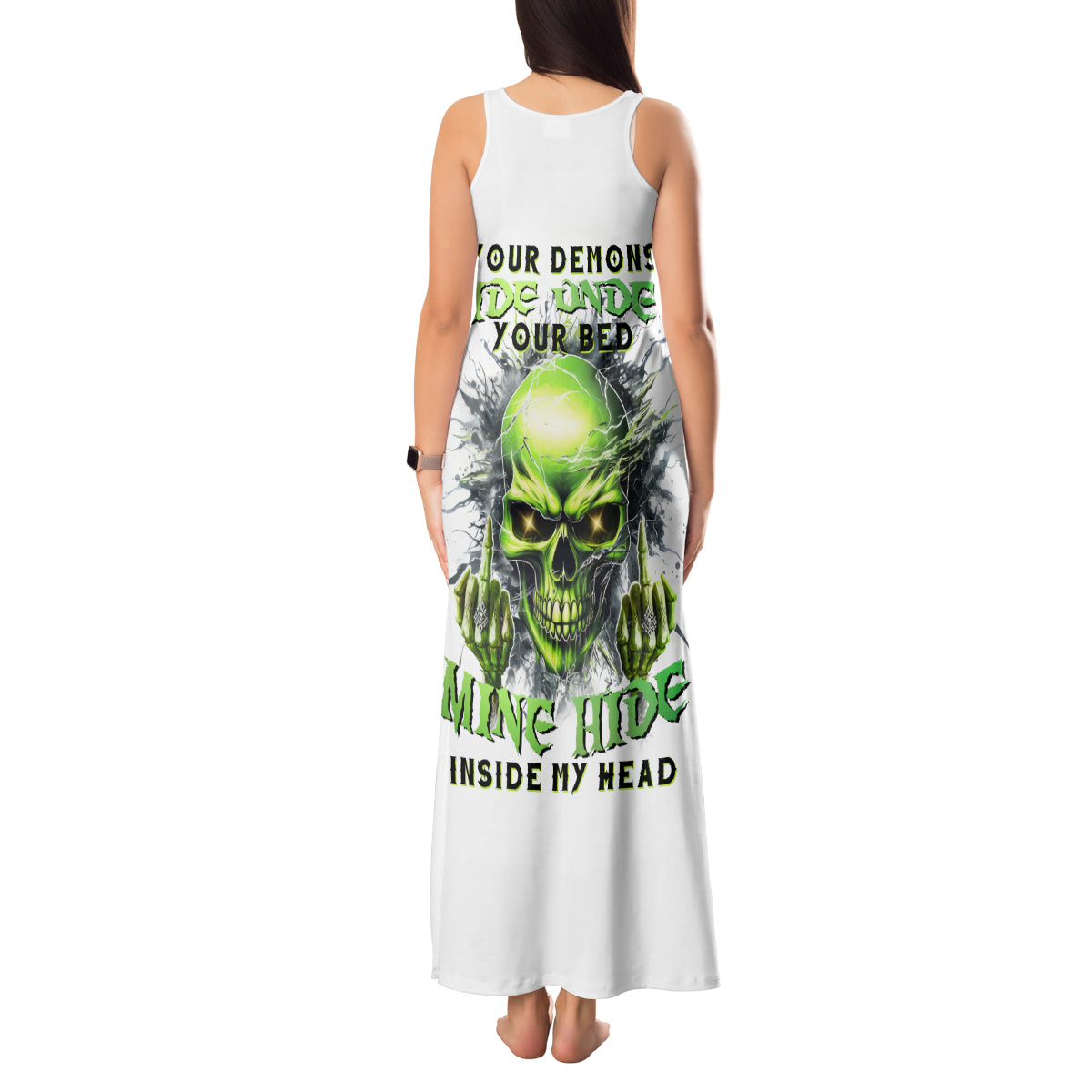 Thunder Skull Tank Maxi Dress The Demon Hide Under Your Bed Mine Hide Inside My Head - Wonder Print Shop