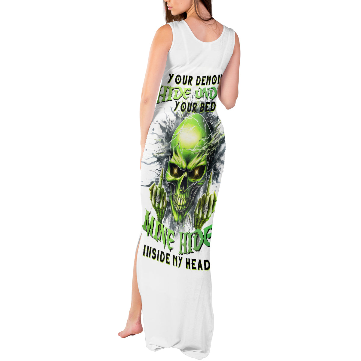 Thunder Skull Tank Maxi Dress The Demon Hide Under Your Bed Mine Hide Inside My Head - Wonder Print Shop