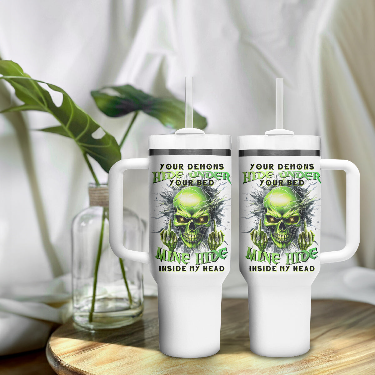 Thunder Skull Tumbler With Handle The Demon Hide Under Your Bed Mine Hide Inside My Head - Wonder Print Shop