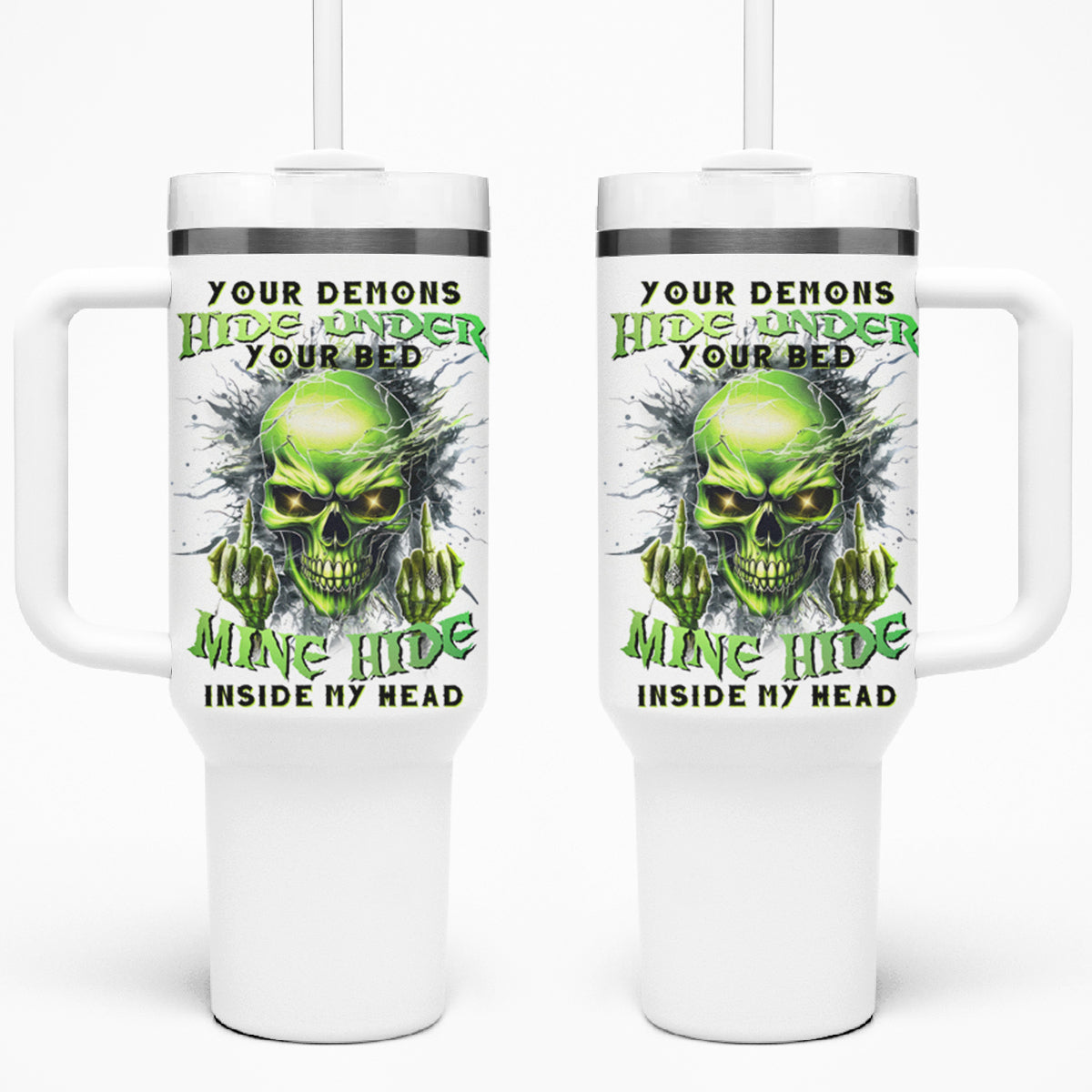 Thunder Skull Tumbler With Handle The Demon Hide Under Your Bed Mine Hide Inside My Head - Wonder Print Shop