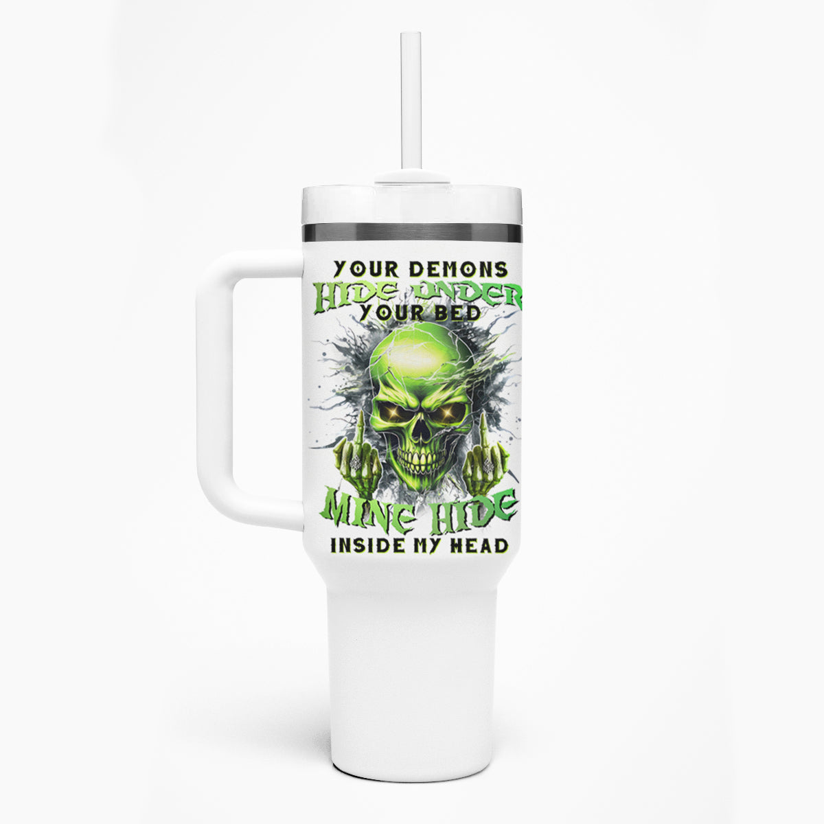 Thunder Skull Tumbler With Handle The Demon Hide Under Your Bed Mine Hide Inside My Head - Wonder Print Shop