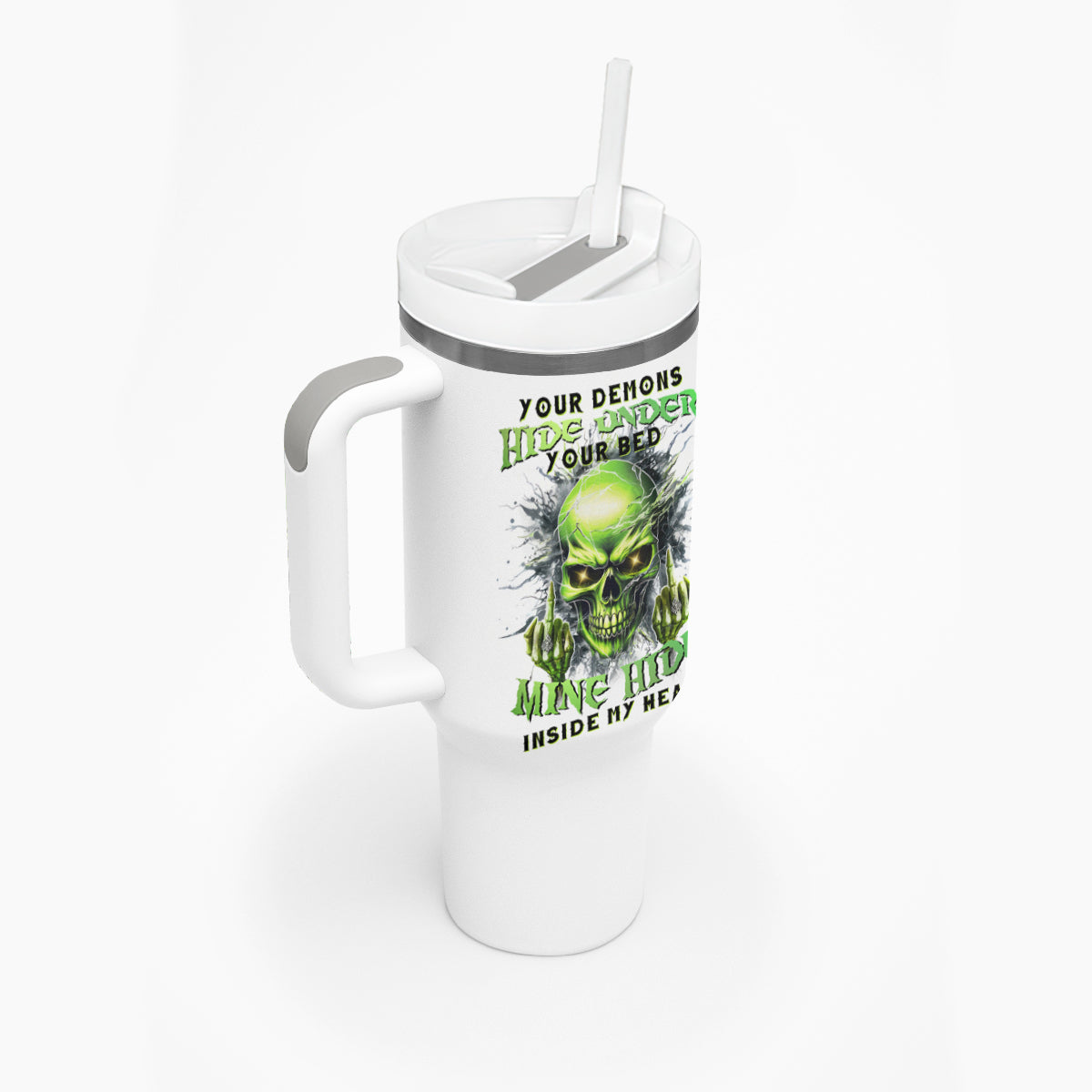 Thunder Skull Tumbler With Handle The Demon Hide Under Your Bed Mine Hide Inside My Head - Wonder Print Shop