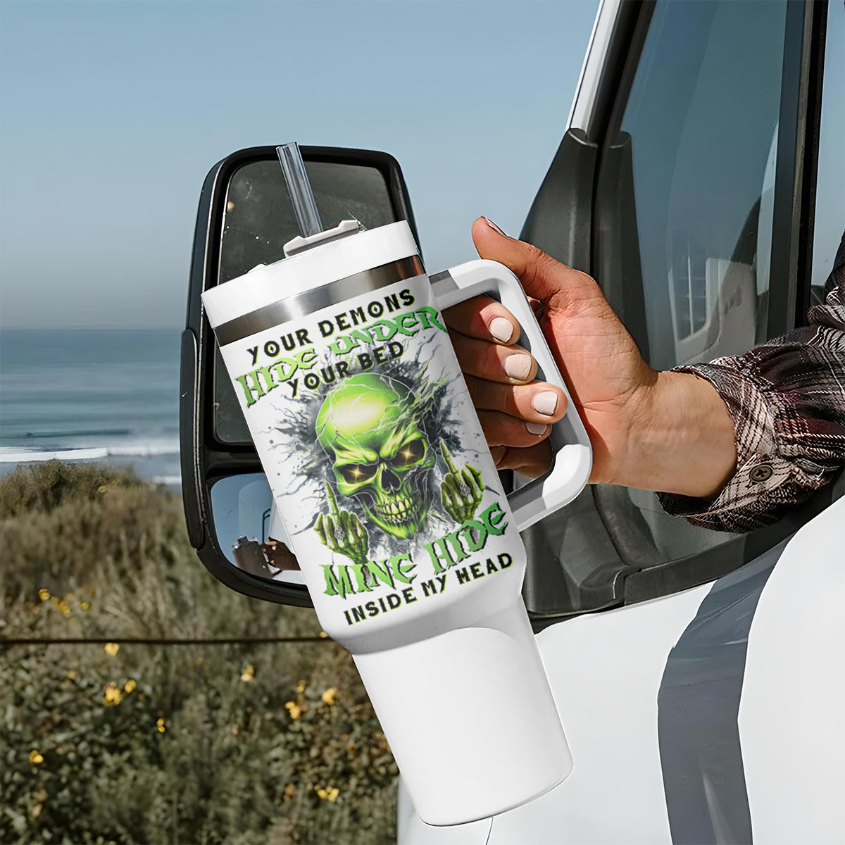 Thunder Skull Tumbler With Handle The Demon Hide Under Your Bed Mine Hide Inside My Head - Wonder Print Shop