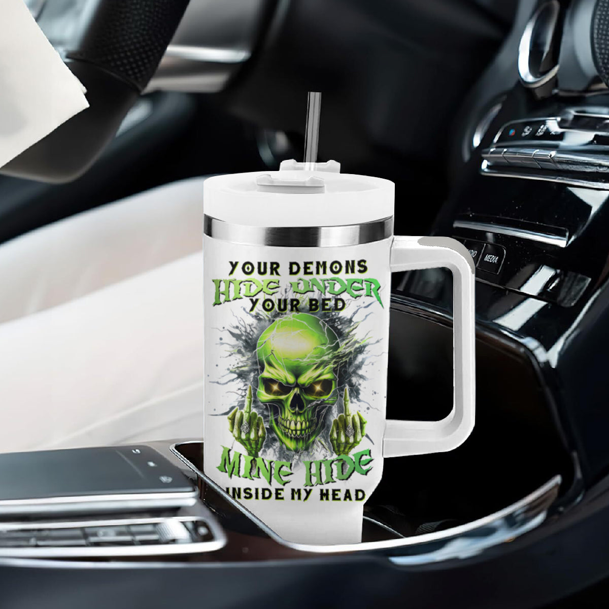 Thunder Skull Tumbler With Handle The Demon Hide Under Your Bed Mine Hide Inside My Head - Wonder Print Shop