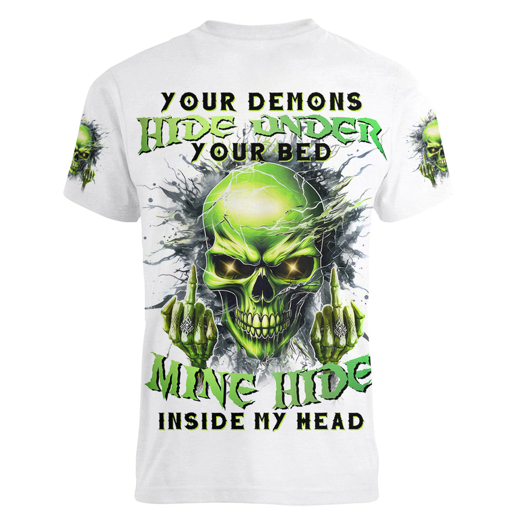 Thunder Skull Women V Neck T Shirt The Demon Hide Under Your Bed Mine Hide Inside My Head - Wonder Print Shop