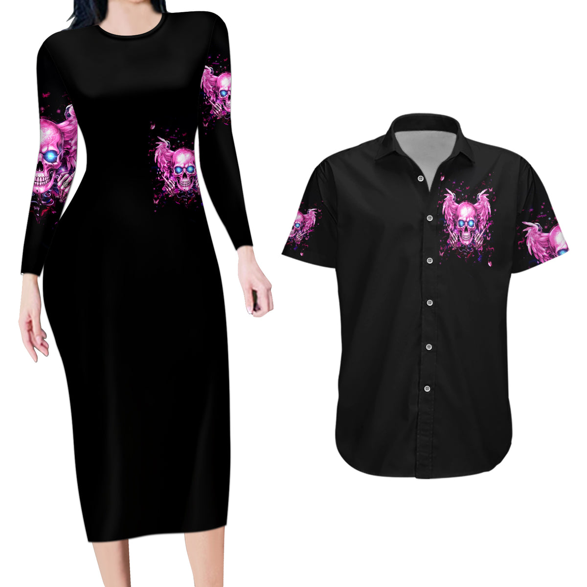 Angel Skull Couples Matching Long Sleeve Bodycon Dress and Hawaiian Shirt The Good Girl In Me Got Tired Of The Bullshit - Wonder Print Shop