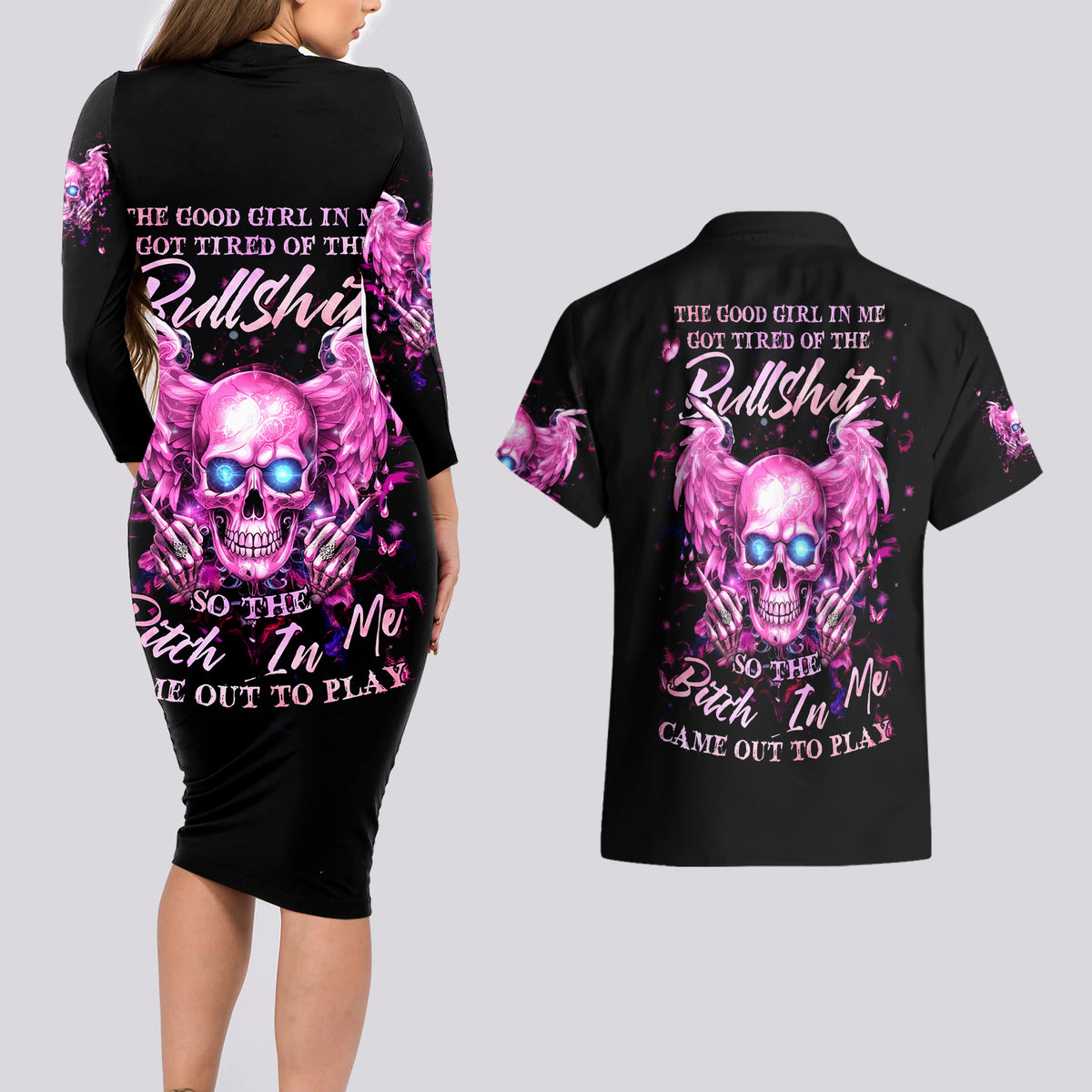 Angel Skull Couples Matching Long Sleeve Bodycon Dress and Hawaiian Shirt The Good Girl In Me Got Tired Of The Bullshit - Wonder Print Shop