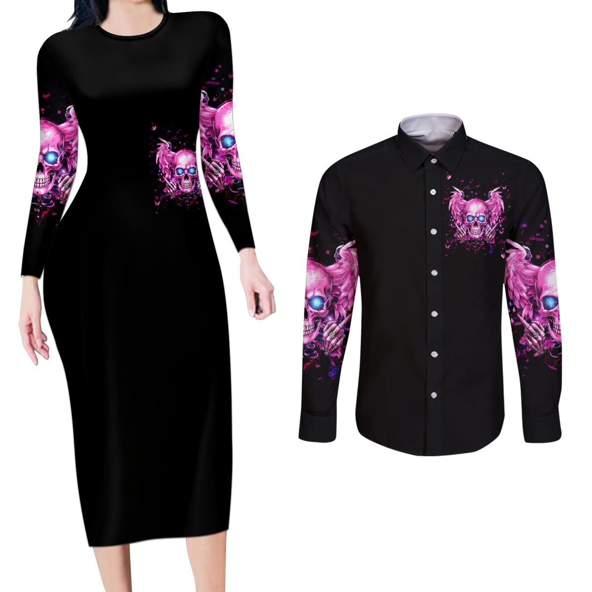 Angel Skull Couples Matching Long Sleeve Bodycon Dress and Long Sleeve Button Shirt The Good Girl In Me Got Tired Of The Bullshit - Wonder Print Shop