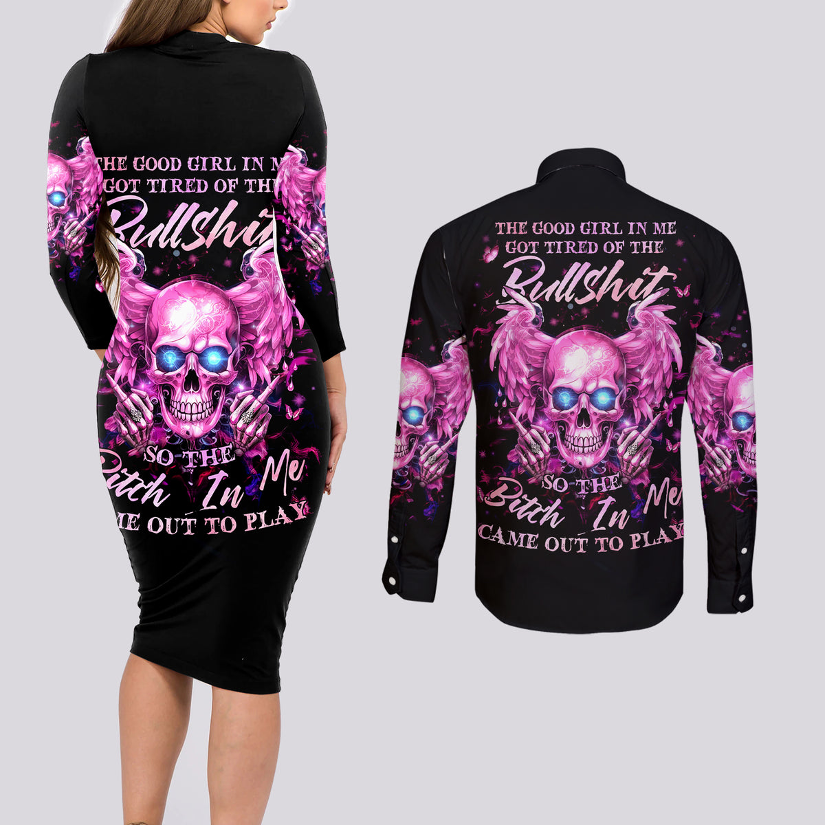 Angel Skull Couples Matching Long Sleeve Bodycon Dress and Long Sleeve Button Shirt The Good Girl In Me Got Tired Of The Bullshit - Wonder Print Shop