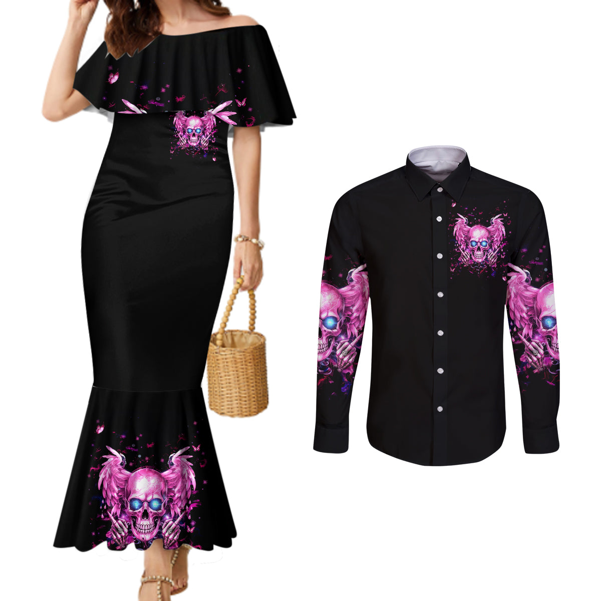 Angel Skull Couples Matching Mermaid Dress and Long Sleeve Button Shirt The Good Girl In Me Got Tired Of The Bullshit