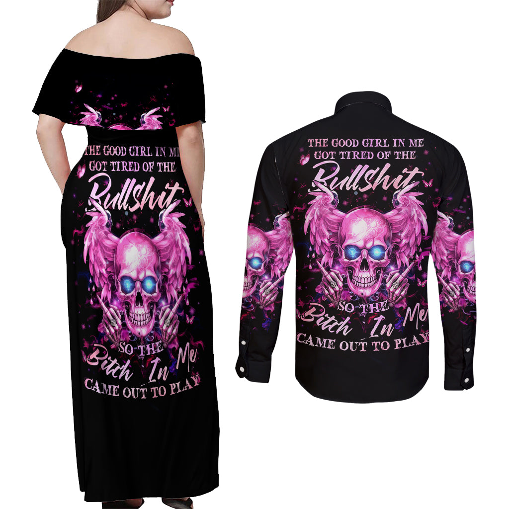 Angel Skull Couples Matching Off Shoulder Maxi Dress and Long Sleeve Button Shirt The Good Girl In Me Got Tired Of The Bullshit - Wonder Print Shop