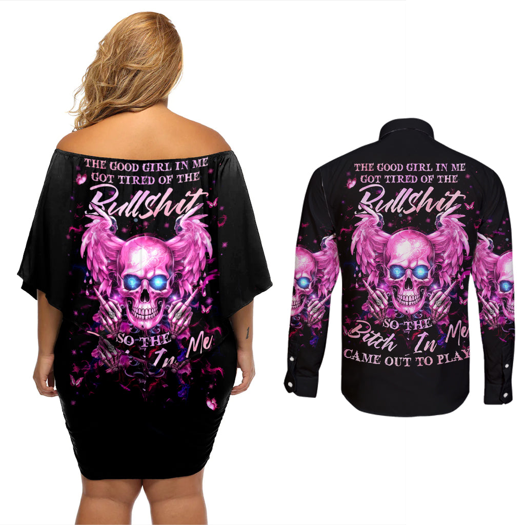Angel Skull Couples Matching Off Shoulder Short Dress and Long Sleeve Button Shirt The Good Girl In Me Got Tired Of The Bullshit - Wonder Print Shop
