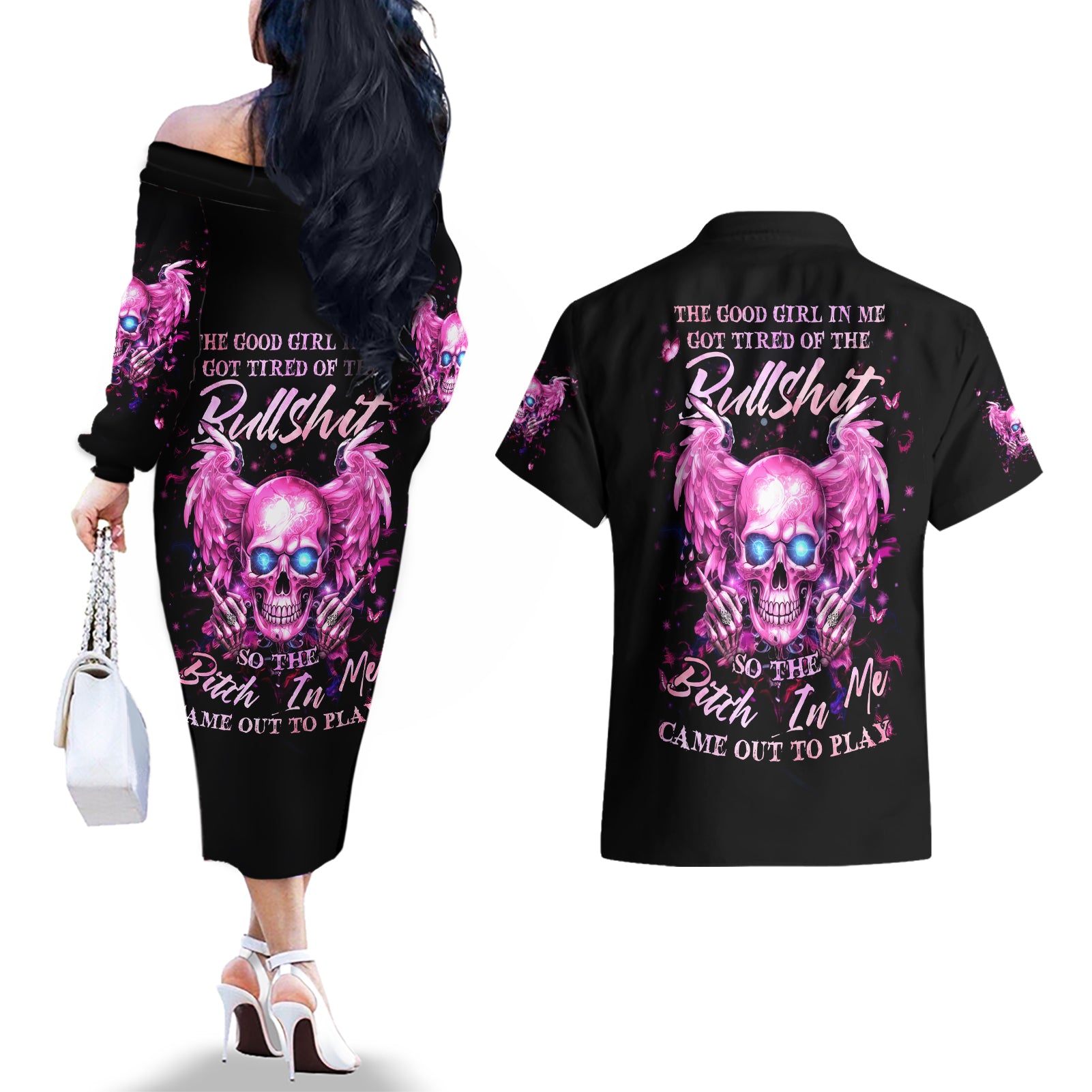 Angel Skull Couples Matching Off The Shoulder Long Sleeve Dress and Hawaiian Shirt The Good Girl In Me Got Tired Of The Bullshit - Wonder Print Shop