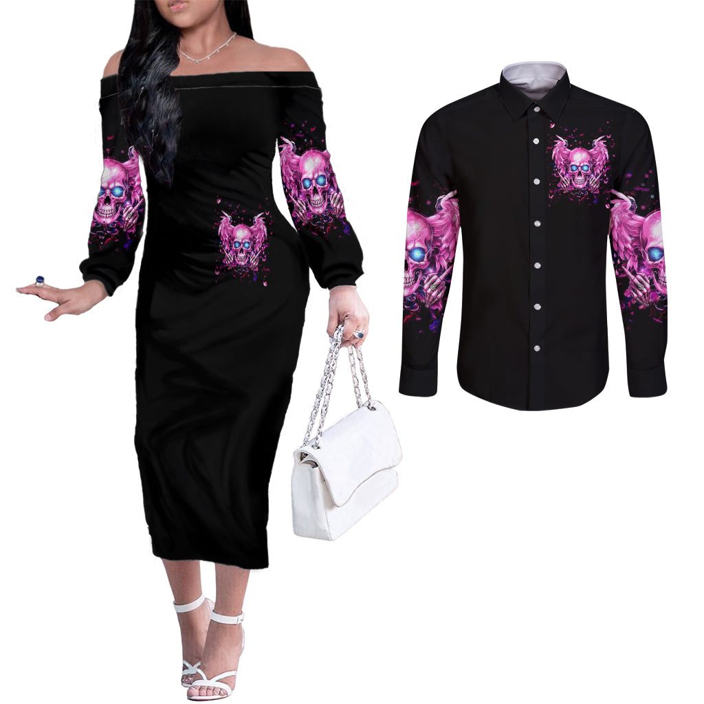 Angel Skull Couples Matching Off The Shoulder Long Sleeve Dress and Long Sleeve Button Shirt The Good Girl In Me Got Tired Of The Bullshit