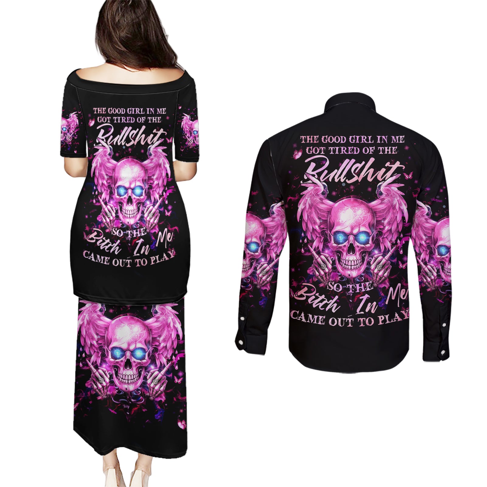 Angel Skull Couples Matching Puletasi and Long Sleeve Button Shirt The Good Girl In Me Got Tired Of The Bullshit - Wonder Print Shop
