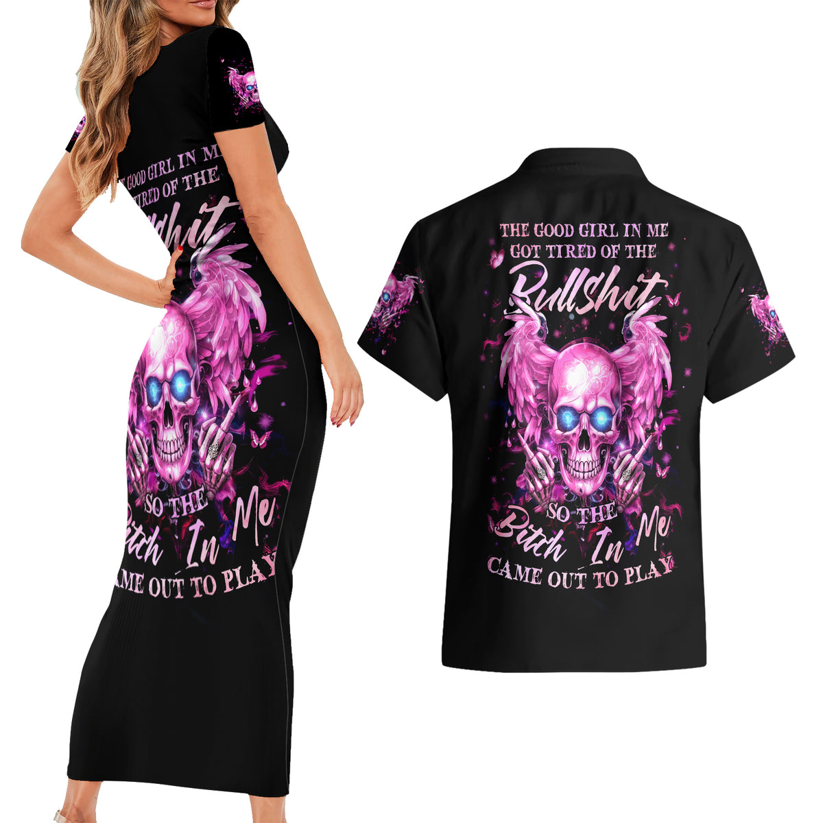 Angel Skull Couples Matching Short Sleeve Bodycon Dress and Hawaiian Shirt The Good Girl In Me Got Tired Of The Bullshit - Wonder Print Shop