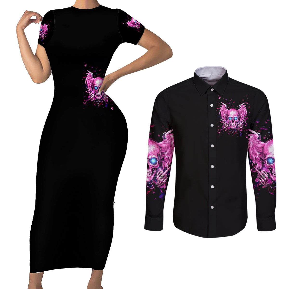 Angel Skull Couples Matching Short Sleeve Bodycon Dress and Long Sleeve Button Shirt The Good Girl In Me Got Tired Of The Bullshit - Wonder Print Shop