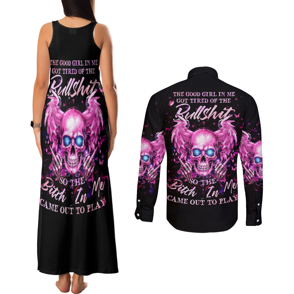 Angel Skull Couples Matching Tank Maxi Dress and Long Sleeve Button Shirt The Good Girl In Me Got Tired Of The Bullshit - Wonder Print Shop