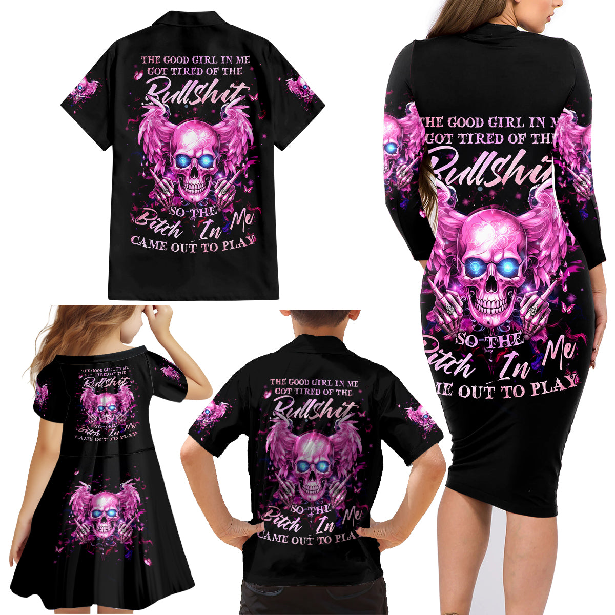 Angel Skull Family Matching Long Sleeve Bodycon Dress and Hawaiian Shirt The Good Girl In Me Got Tired Of The Bullshit - Wonder Print Shop