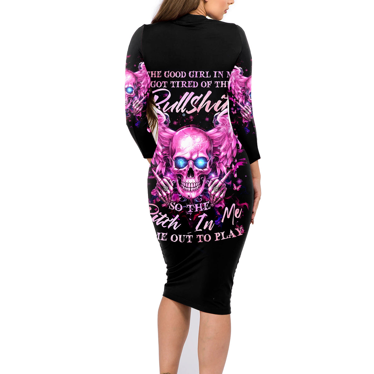 Angel Skull Family Matching Long Sleeve Bodycon Dress and Hawaiian Shirt The Good Girl In Me Got Tired Of The Bullshit - Wonder Print Shop