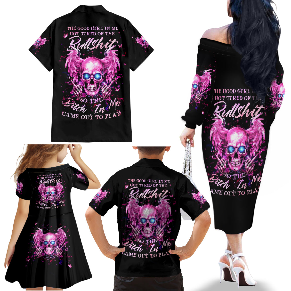 Angel Skull Family Matching Off Shoulder Long Sleeve Dress and Hawaiian Shirt The Good Girl In Me Got Tired Of The Bullshit - Wonder Print Shop