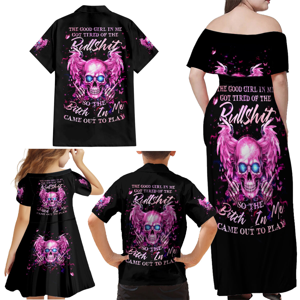 Angel Skull Family Matching Off Shoulder Maxi Dress and Hawaiian Shirt The Good Girl In Me Got Tired Of The Bullshit - Wonder Print Shop