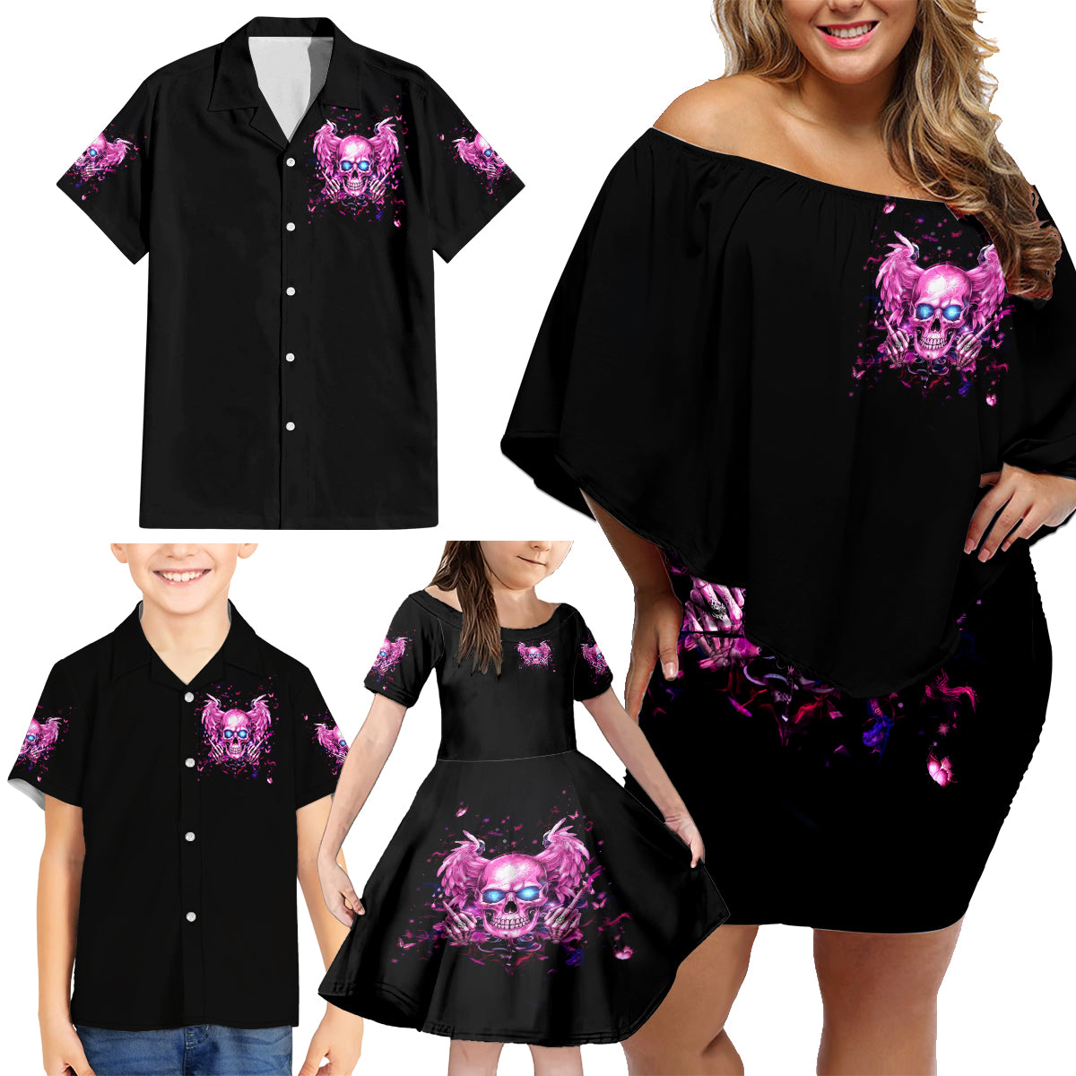 Angel Skull Family Matching Off Shoulder Short Dress and Hawaiian Shirt The Good Girl In Me Got Tired Of The Bullshit - Wonder Print Shop